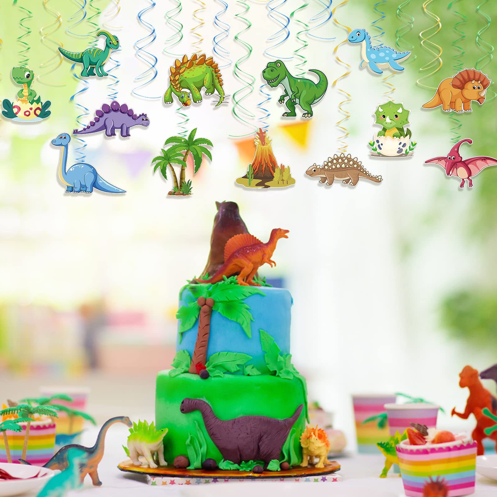 Dinosaurier Girlande 30er Set - Dschungel Partydeko mit Spiralelementen